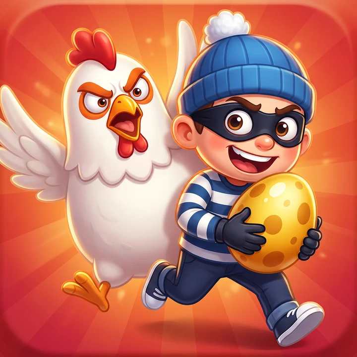 The masked thief runs off with a golden egg while the angry Big Hen chases him