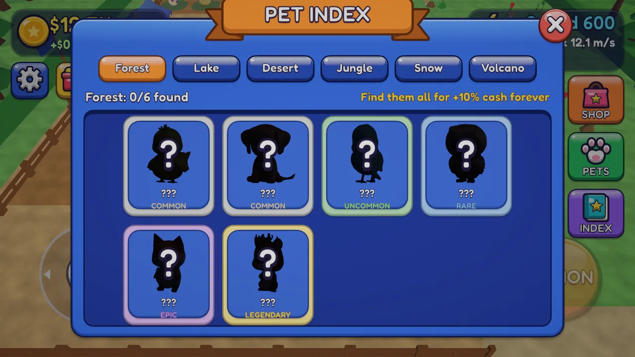 The Pet Index with pets still to find